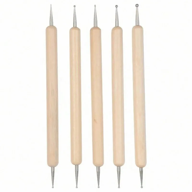 Dual-End Wooden Dotting Pen Marbleizing Tool Set for Nail Design Manicure Painting Kit 5pcs