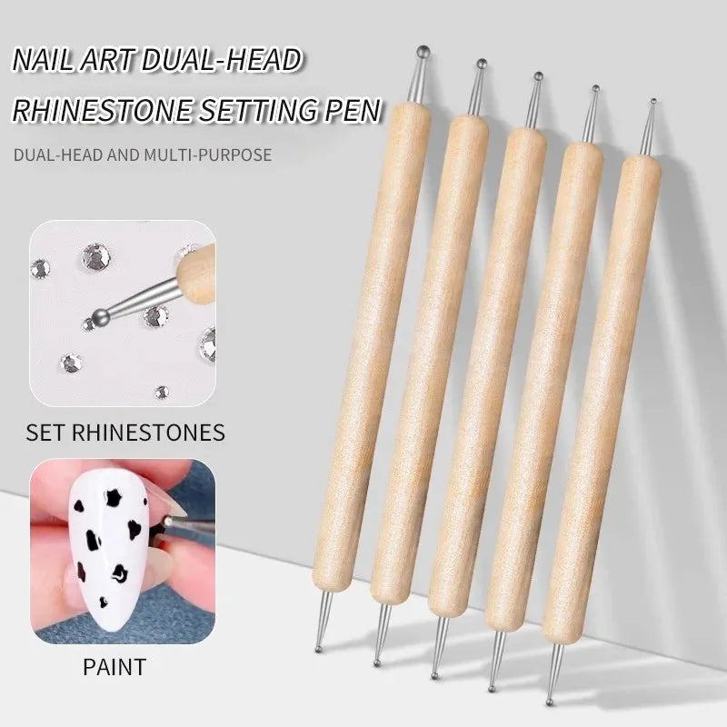 Dual-End Wooden Dotting Pen Marbleizing Tool Set for Nail Design Manicure Painting Kit 5pcs