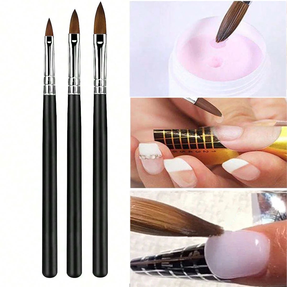 3Pcs Acrylic Nail Brush Set #8/10/14 Professional Acrylic Powder Extension Nail Brushes Nail Art 3D Carving Manicure Salon Tools