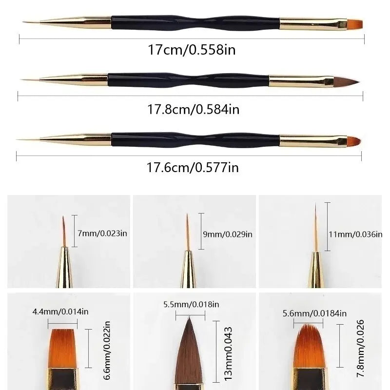 3 pieces of double headed nail art painting pens with extremely fine carving, wire drawing, hook and loop brush, nail art