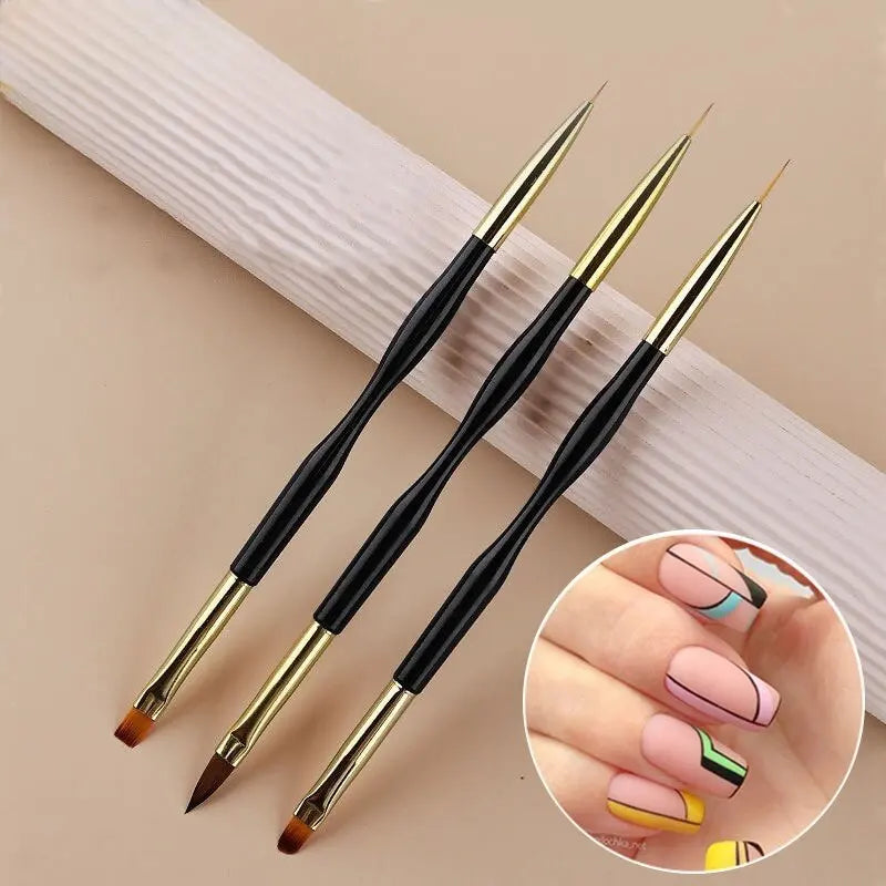 3 pieces of double headed nail art painting pens with extremely fine carving, wire drawing, hook and loop brush, nail art