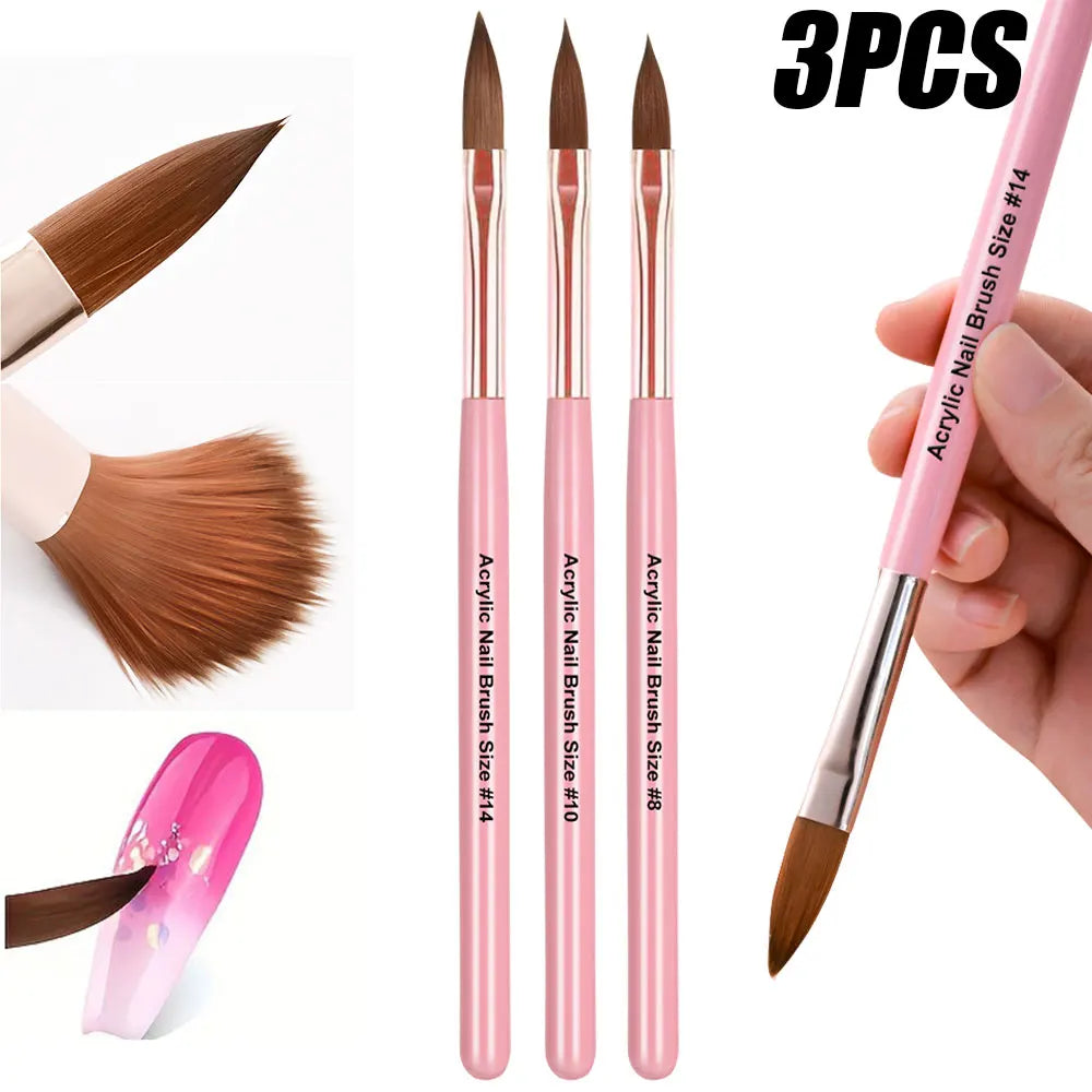 3Pcs Acrylic Nail Brush Set #8/10/14 Professional Acrylic Powder Extension Nail Brushes Nail Art 3D Carving Manicure Salon Tools